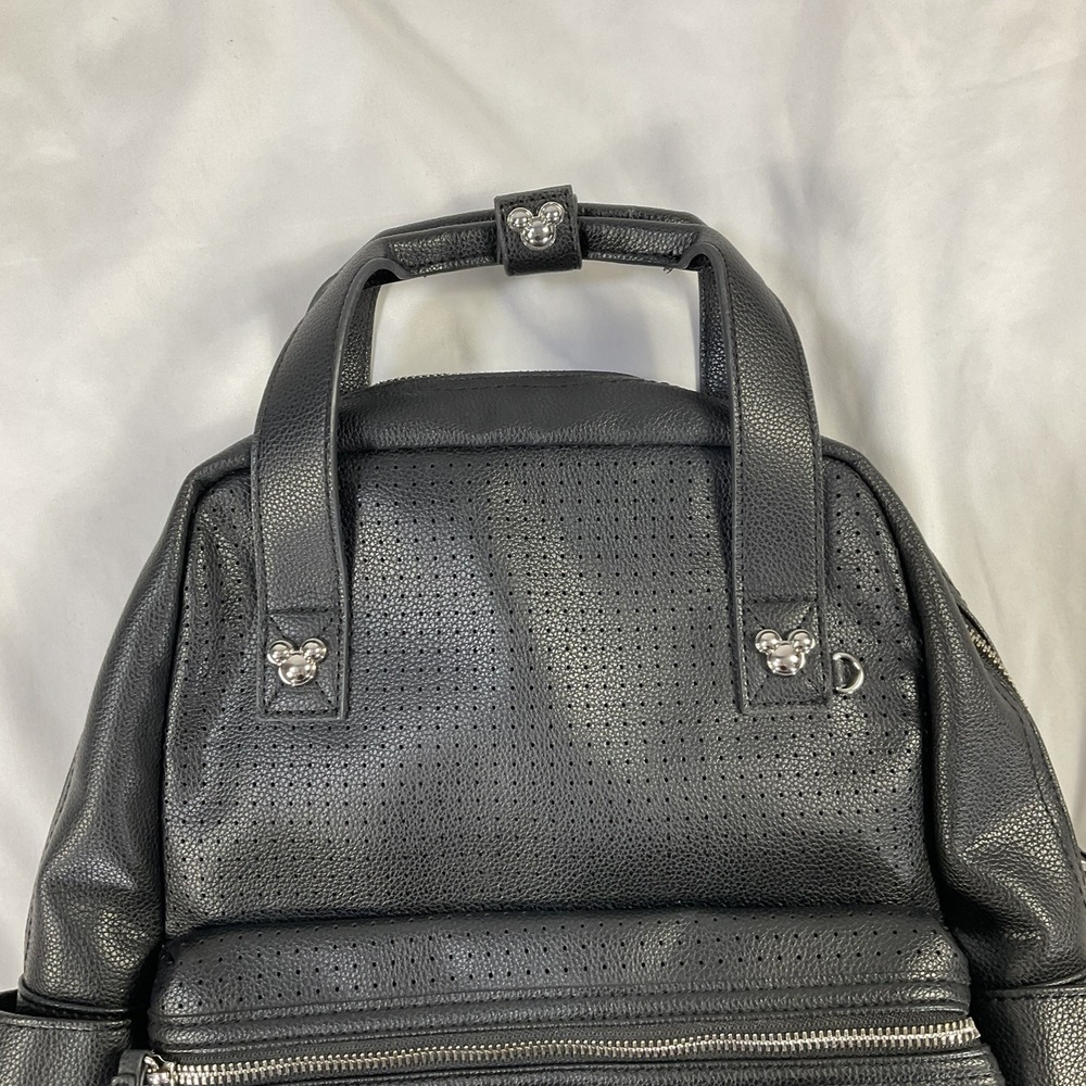 New Disney Parks Mickey Icon Flair Black Faux Leather Backpack Travel Vacation - Picture 2 of 9